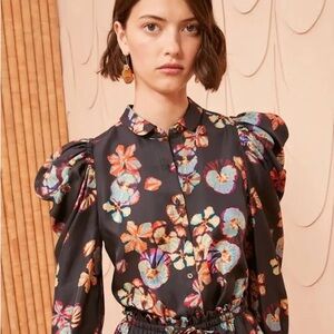 Ulla Johnson Black and Orange Puff Sleeve Blouse